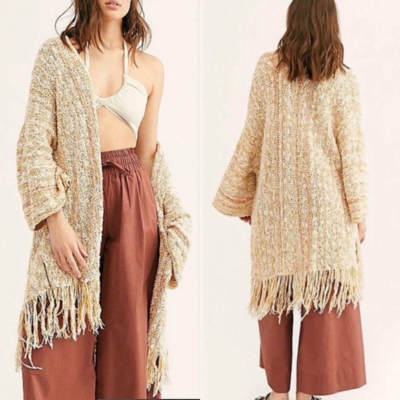 Free People Lucia Cardigan Sweater Size M/L Striped Multicolor Fringe Trim Open - Picture 2 of 9